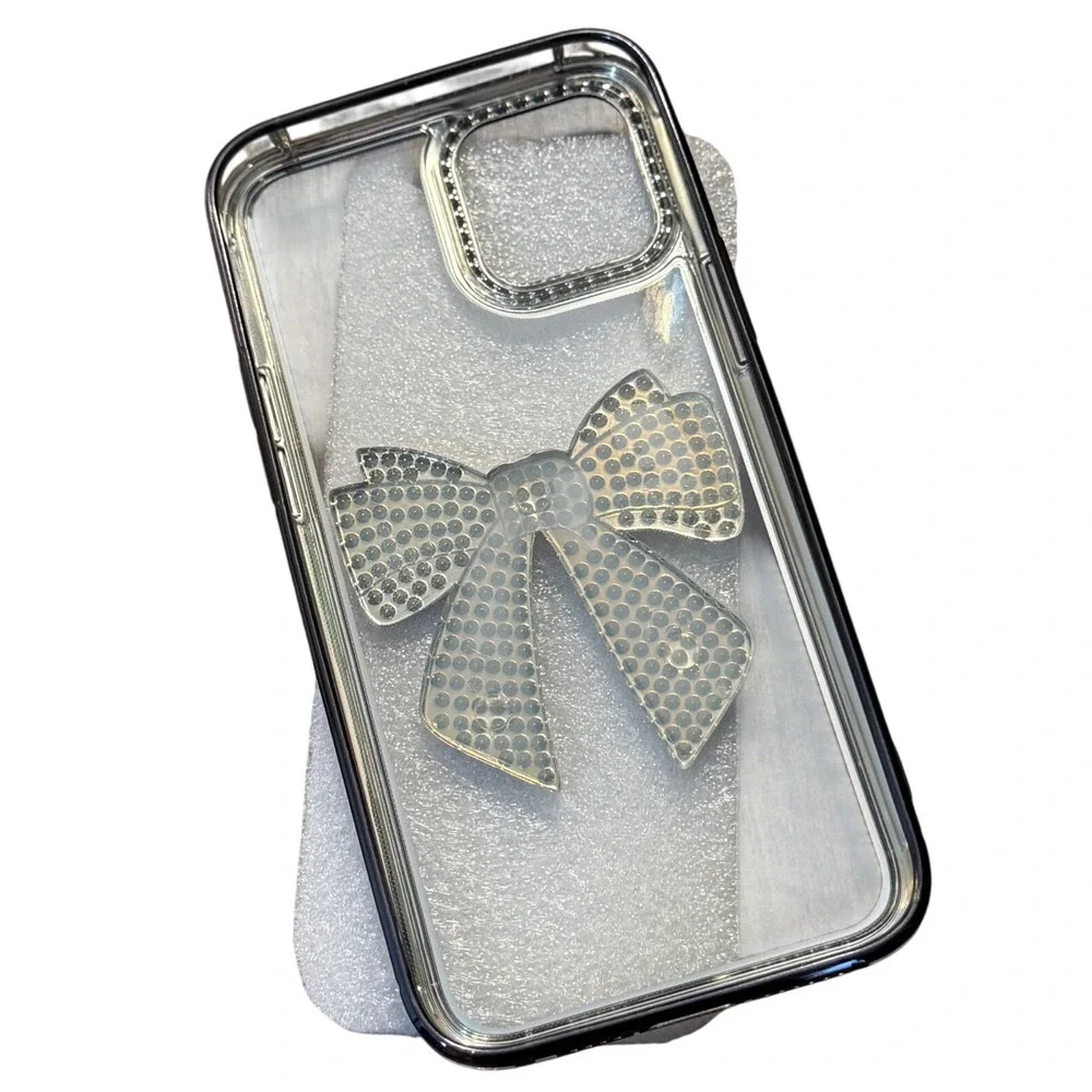 UMICASE iPhone 12 Pro Max Case Clear Rhinestone Bow Jeweled Camera Cover Silver